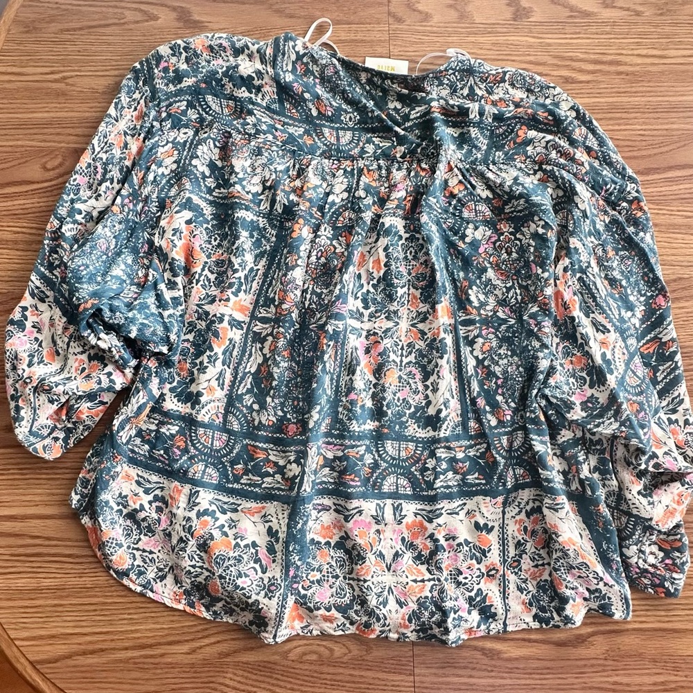 Maeve Floral Blouse in Teal, Orange, Pink, & Ivory XL, faux wrap slit in front